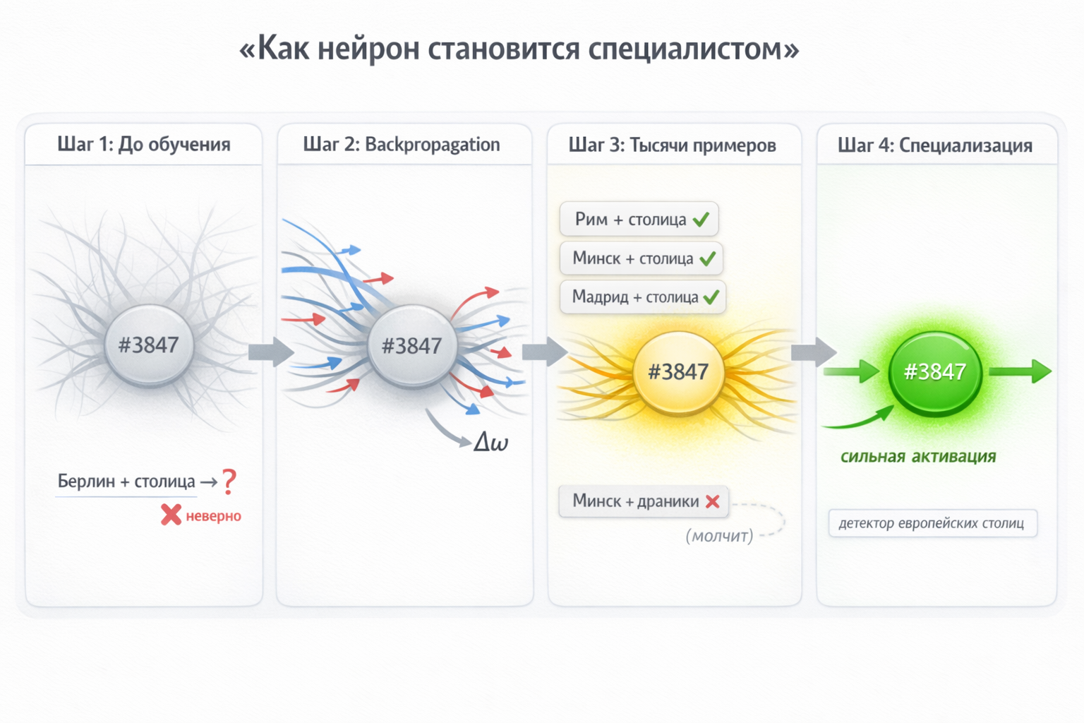 Обучение нейрона: от случайных весов к специализации